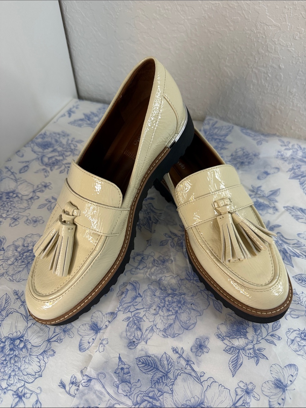 Franco Sarto Cream Patent Tassel Loafers